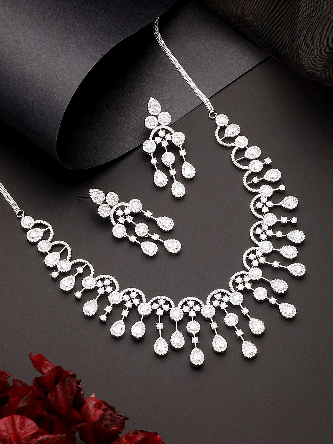 Silver Toned AD Studded Luxe Designer Necklace Jewellery Set